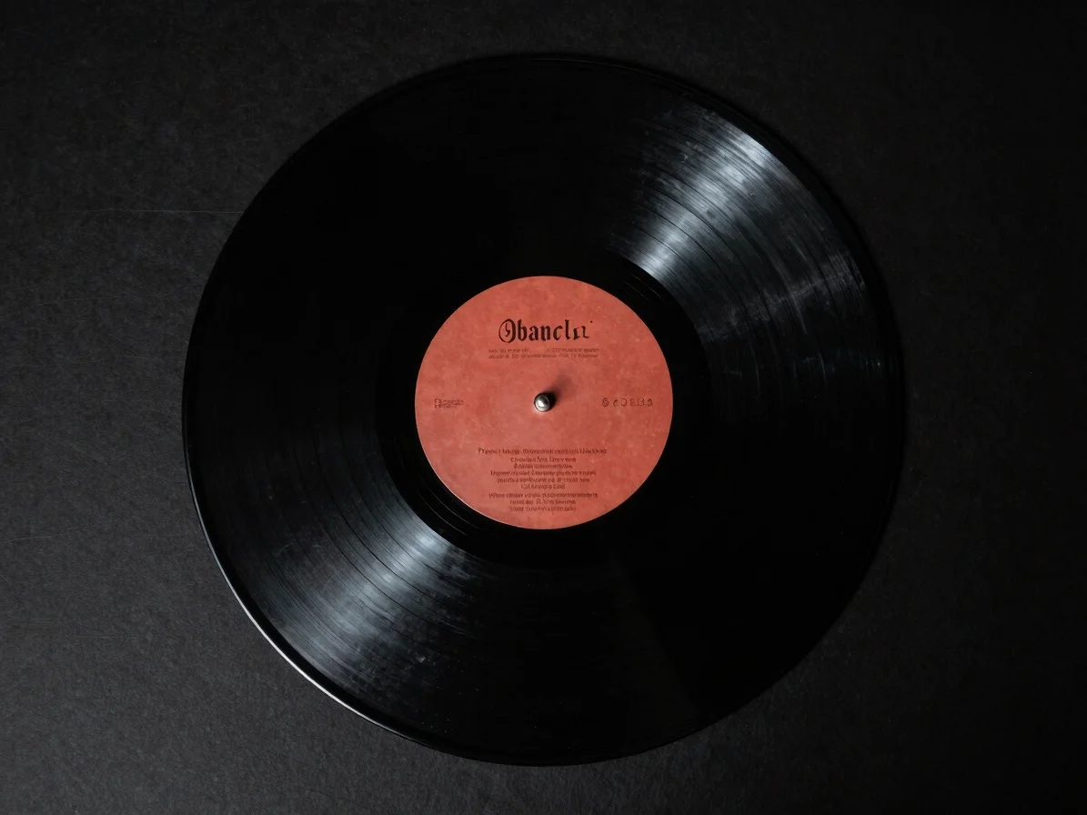 Clean overhead flat-lay of a lathe-cut vinyl record on a dark surface, low-key moody lighting, sharp directional highlig