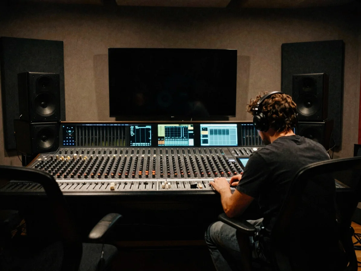 Atmospheric studio session, a sound engineer at a mixing desk with subtle screen glow, low-key moody lighting, deep shad