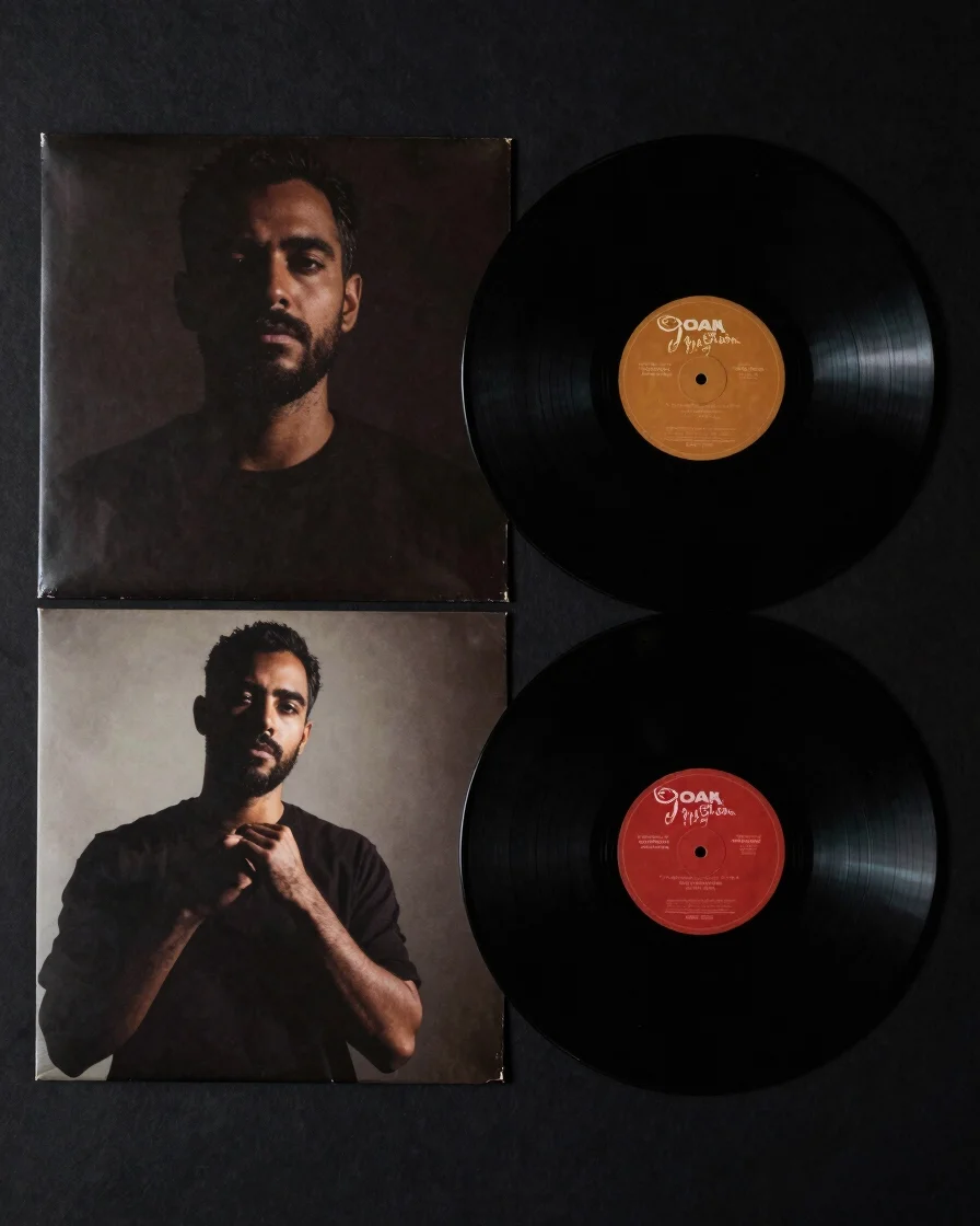 High-contrast portrait of a lathe-cut vinyl record and sleeve art